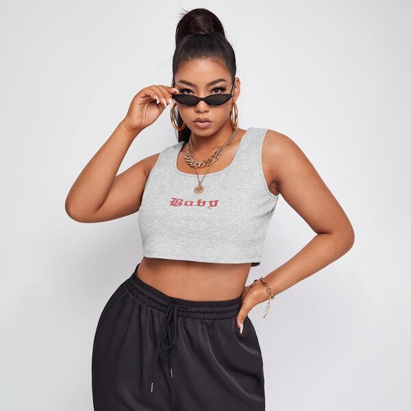 

Plus Letter Graphic Scoop Neck Tank Top, Grey