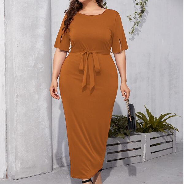 

Plus Split Sleeve Belted Fitted Dress, Brown