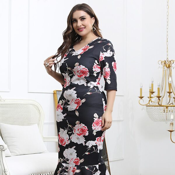 

Plus Floral V-neck Mermaid Dress, Multicolor