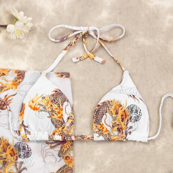 

Dragon Pattern Halter Bikini Top, Multicolor