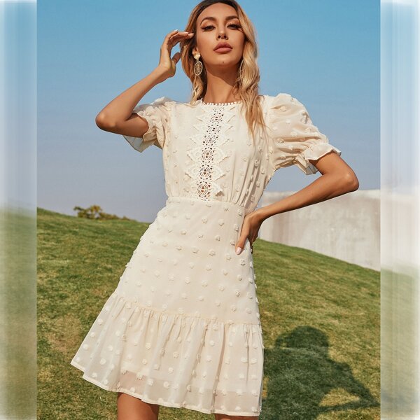 

Swiss Dot Lace Panel Dress, Apricot