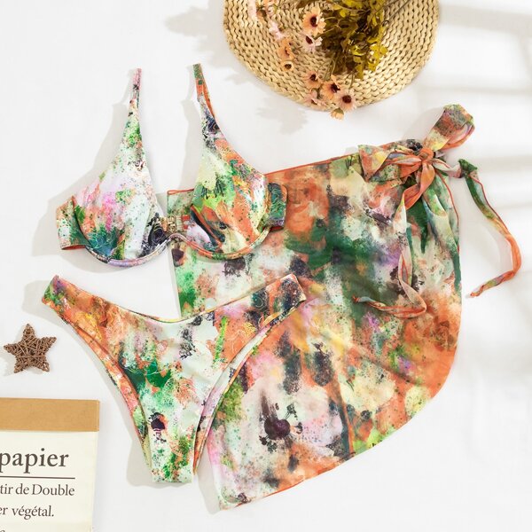 

3pack Tie Dye Underwire Bikini Swimsuit With Beach Skirt, Multicolor