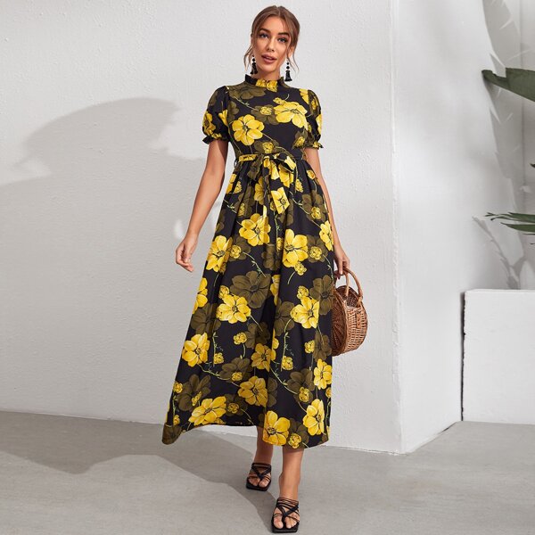 

Floral Print Flounce Sleeve Belted Dress, Multicolor