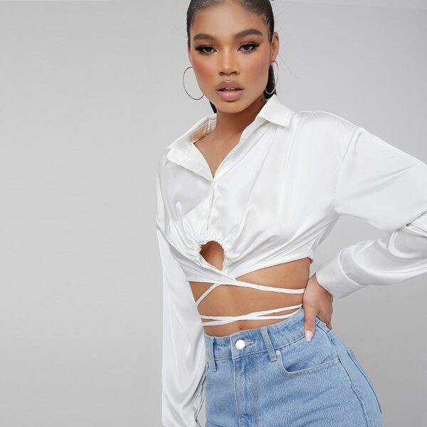 

Satin Self-Tie Toggle Drawstring Cropped Shirt, White