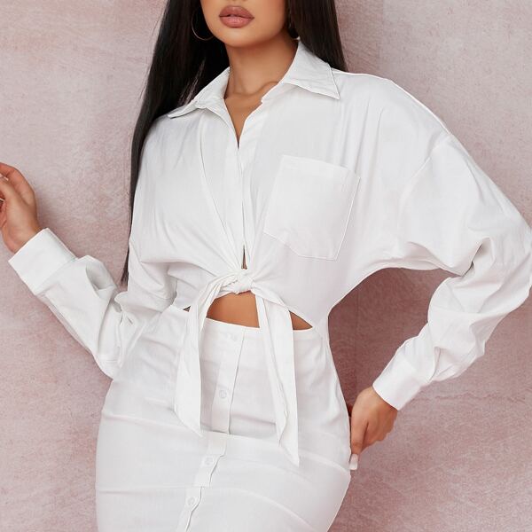 

Poplin Cutout Plunging Self-Tie Mini Shirt Dress, White