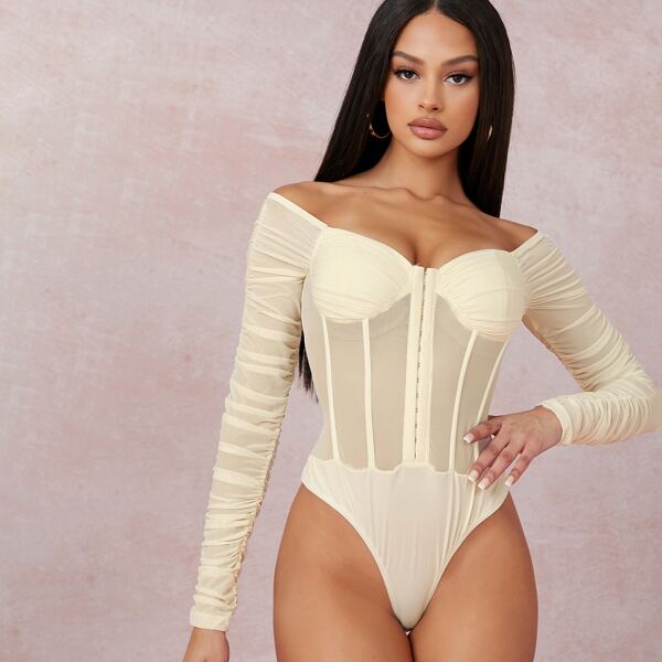 

Ruched Sheer Mesh Bustier-Style Bodysuit, Beige