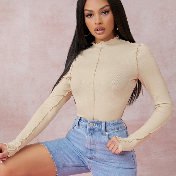 

Ribbed Lettuce-Edge Mock Neck Thong Bodysuit, Beige
