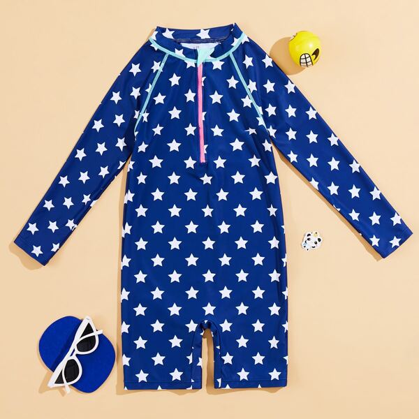 

Toddler Girls Star Print Zip-up One Piece Swimsuit, Navy blue