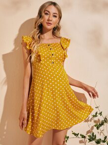 SHEIN Maternidad vestido de lactancia de lunares de sisa fruncido - Mostaza Amarilla - Ver 1