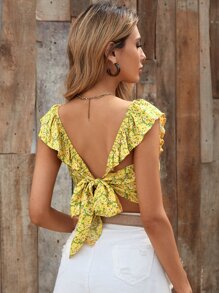 SHEIN WYWH 小碎花後繫帶露背短版上衣 - 黃色 - 查看 2
