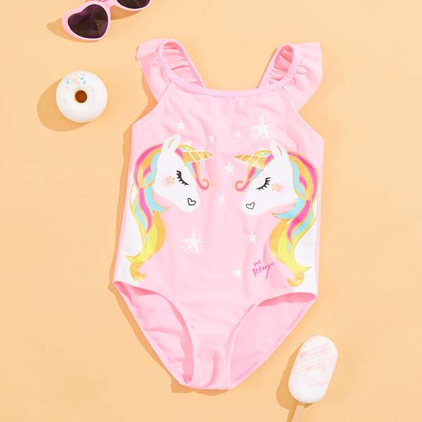

Baby Girl Unicorn Print One Piece Swimsuit, Pink