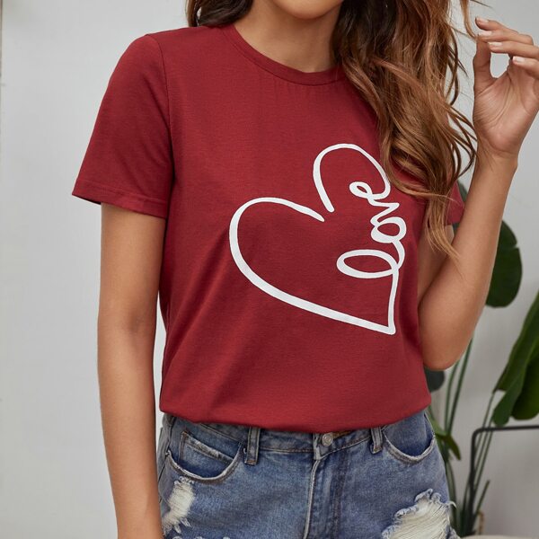 

Letter And Heart Print Tee, Burgundy