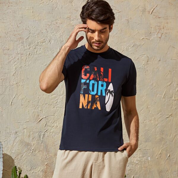

Men Letter & Coconut Tree Print Tee, Navy blue