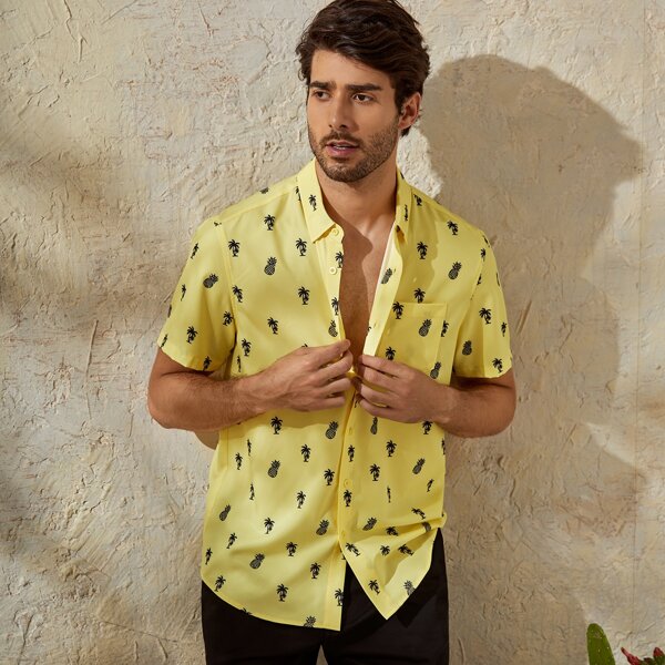 

Men Coconut Tree & Pineapple Print Shirt, Yellow