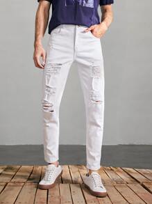 Manfinity Jeans cónicos cortos rotos unicolores - Blanco - Ver 1
