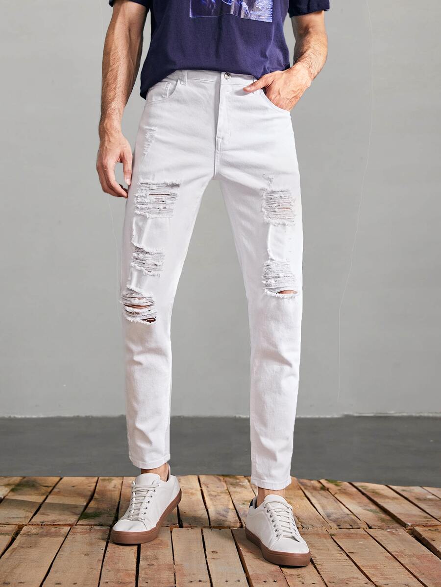 Manfinity Jeans cónicos cortos rotos unicolores - Blanco - Ver 1