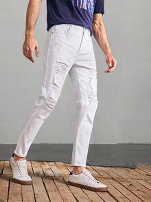 Manfinity Jeans cónicos cortos rotos unicolores - Blanco - Ver 3