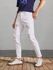 Manfinity Jeans cónicos cortos rotos unicolores - Blanco - Ver 4