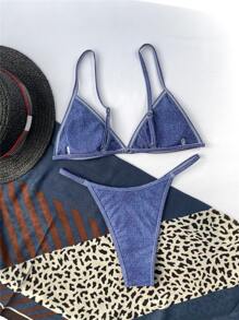 Conjunto de bikini tipo tanga de triángulo para vacaciones en la playa de verano - Azul - Ver 3