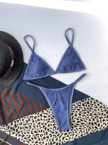 Conjunto de bikini tipo tanga de triángulo para vacaciones en la playa de verano - Azul - Ver 6