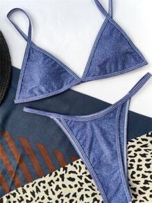 Conjunto de bikini tipo tanga de triángulo para vacaciones en la playa de verano - Azul - Ver 7