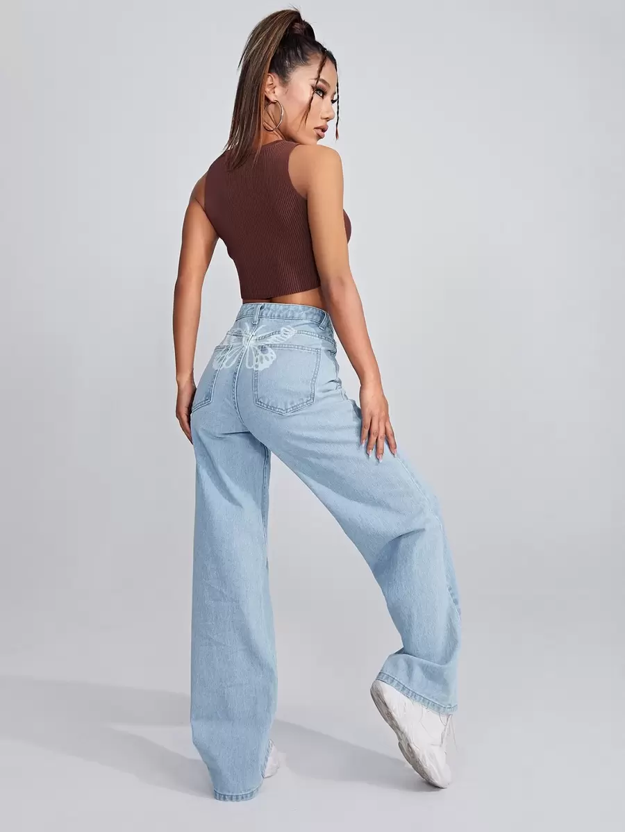 SHEIN EZwear Quần jean Túi màu trơn - Rửa nhẹ - Xem 1