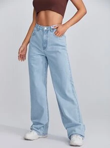SHEIN EZwear Quần jean Túi màu trơn - Rửa nhẹ - Xem 2
