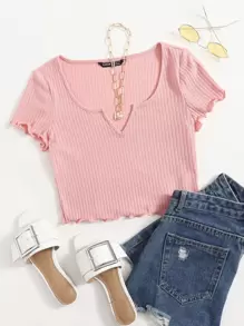 SHEIN EZwear Plus Notch Neck Lettuce Edge Tee - Baby Pink - View 1