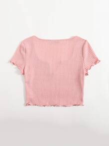 SHEIN EZwear Plus Notch Neck Lettuce Edge Tee - Baby Pink - View 2
