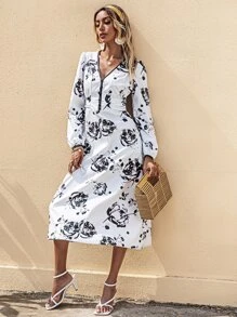 Aveloria Floral V Neck Cut Out Back Dress Fall Cloth For Women - Black and White - View 1