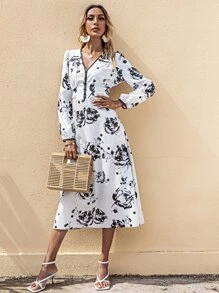 Aveloria Floral V Neck Cut Out Back Dress Fall Cloth For Women - Black and White - View 3