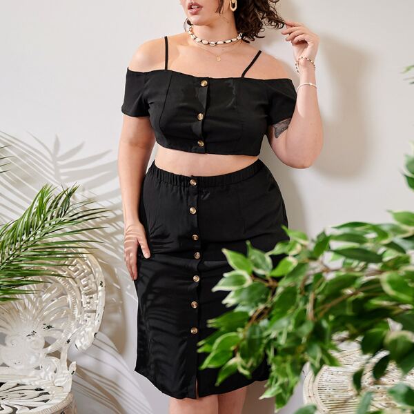 

Plus Button Front Cold Shoulder Top & High Low Skirt, Black