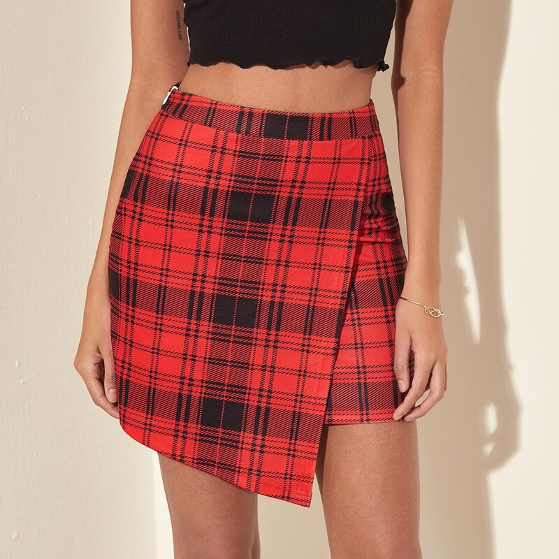 

Plaid Asymmetrical Hem Skirt, Burgundy