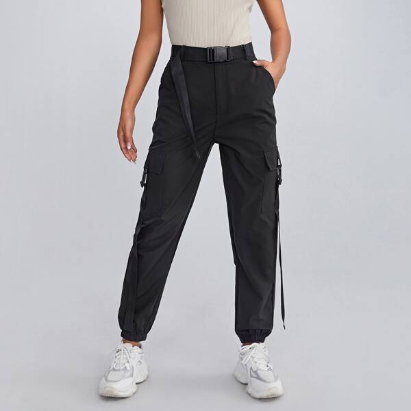

Push Buckle Belted Flap Pocket Wind Pants, Black