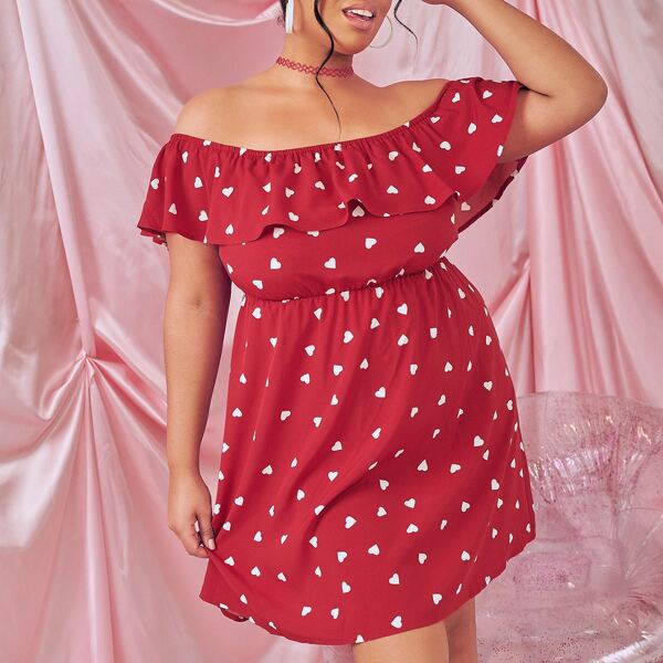 

Plus Heart Print Ruffle Trim Dress, Red