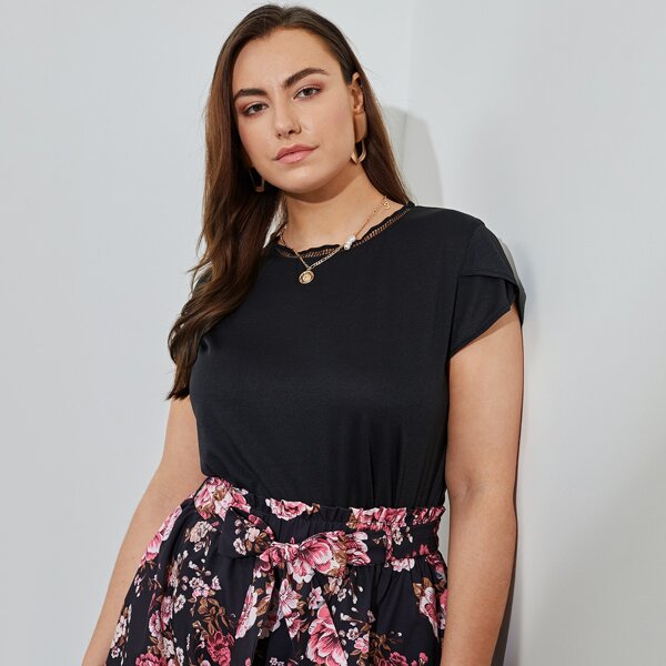 

Plus Petal Sleeve Lace Insert Tee, Black