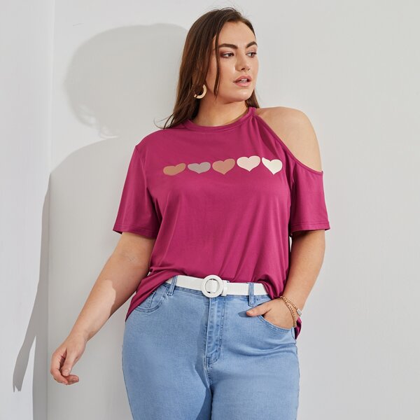 

Plus Heart Print Cut Out Tee, Hot pink