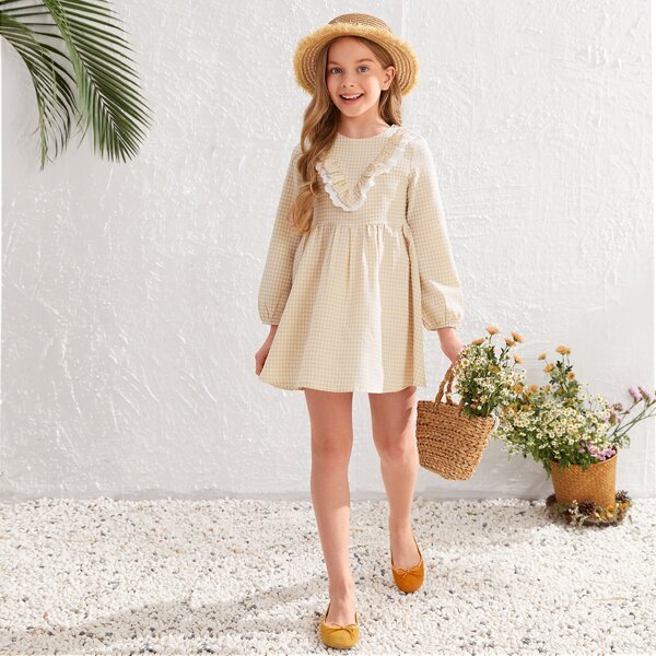 

Girls Bishop Sleeve Ruffle Trim Plaid Dress, Apricot