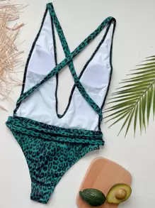 SHEIN Swim 豹紋十字交叉深v連體泳裝 - 綠色 - 查看 2