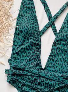 SHEIN Swim 豹紋十字交叉深v連體泳裝 - 綠色 - 查看 3