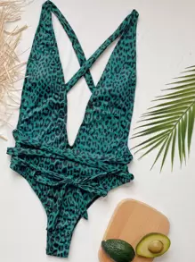 SHEIN Swim 豹紋十字交叉深v連體泳裝 - 綠色 - 查看 4