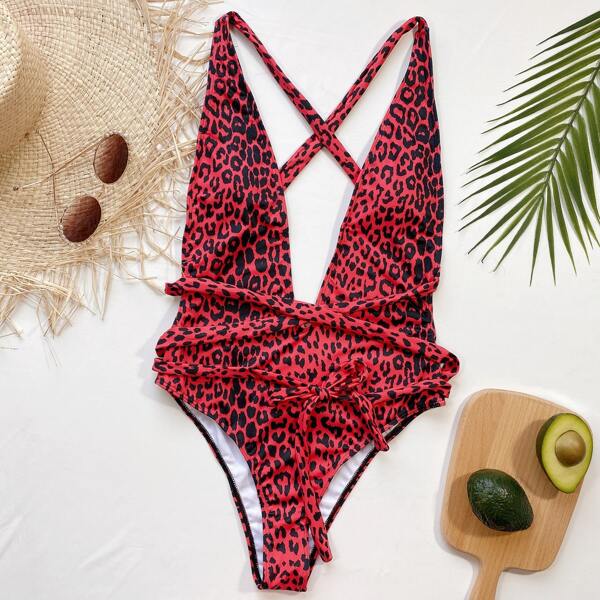 

Leopard Criss Cross Plunging One Piece Swimsuit, Red