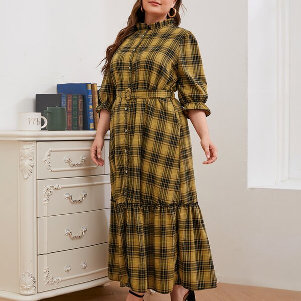 

Plus Plaid Flounce Sleeve Ruffle Hem Belted Shirt Dress, Multicolor
