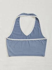 拼接滾邊短版繞頸上衣 - 霧霾藍 - 查看 2