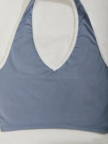 拼接滾邊短版繞頸上衣 - 霧霾藍 - 查看 3