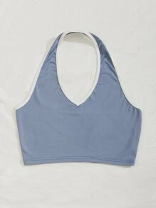 拼接滾邊短版繞頸上衣 - 霧霾藍 - 查看 4