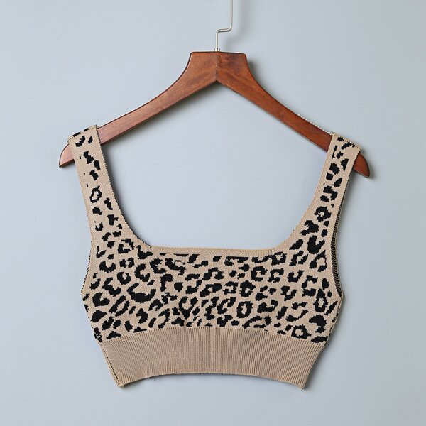 

Leopard Pattern Knit Crop Top, Khaki