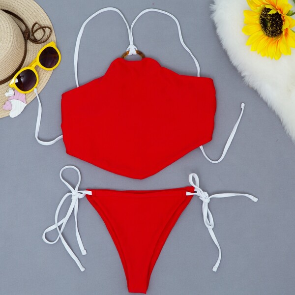 

Ring Linked Tie Side Thong Bikini Swimsuit, Red