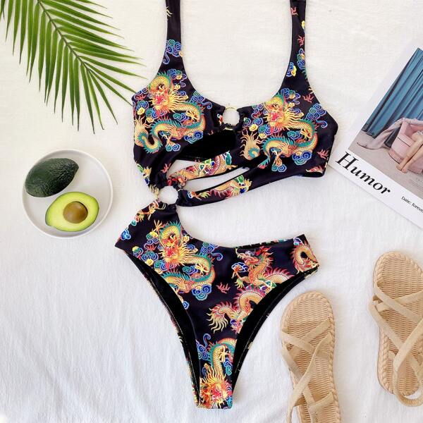 

Chinese Dragon Print Ring Linked One Piece Swimsuit, Multicolor