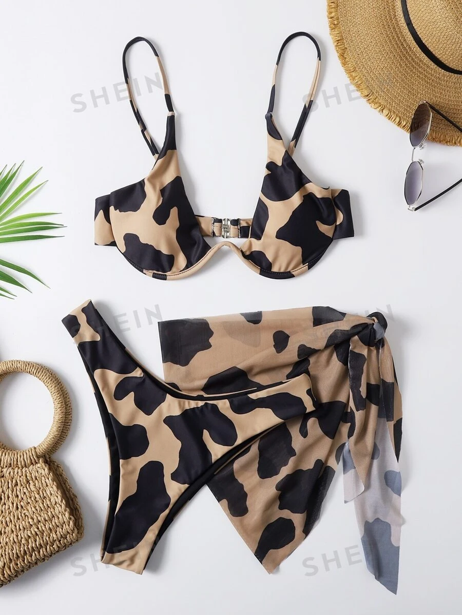 SHEIN Swim Conjunto de bikini con aros de vaca con 3 paquetes para la playa del verano y falda de playa - Multicolor - Ver 1